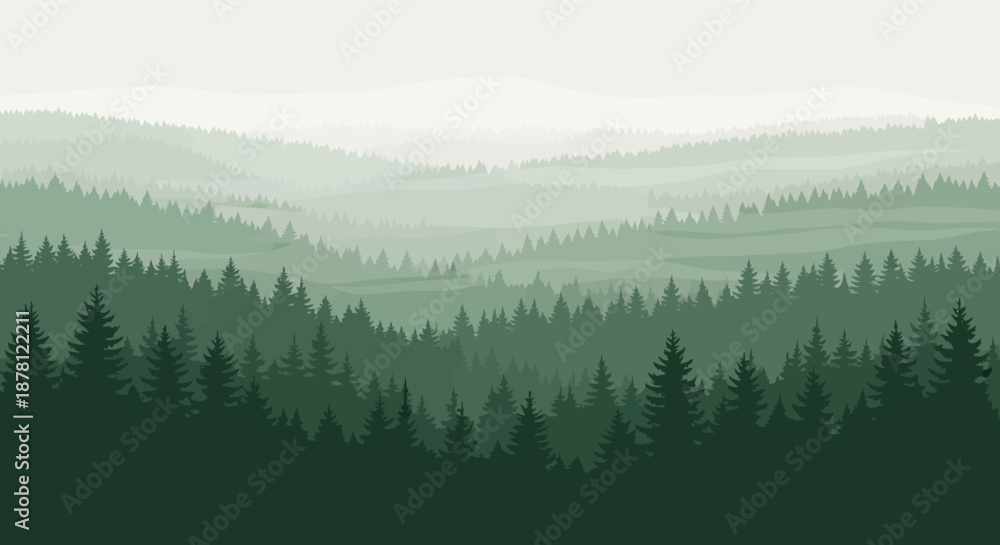 Fototapeta premium Enchanting vista of a layered evergreen forest landscape with serene mountain ridges