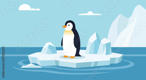 Adorable penguin standing on a melting iceberg in the arctic ocean with icebergs around