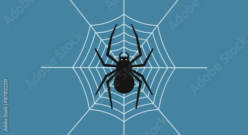 Stylized illustration of a spider on a simple web against a blue background showcasing halloween