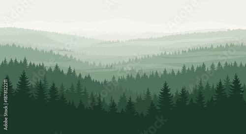 Enchanting vista of a layered evergreen forest landscape with serene mountain ridges