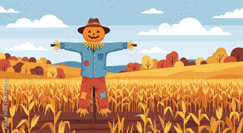 Whimsical autumn landscape featuring a pumpkin-headed scarecrow in a golden field