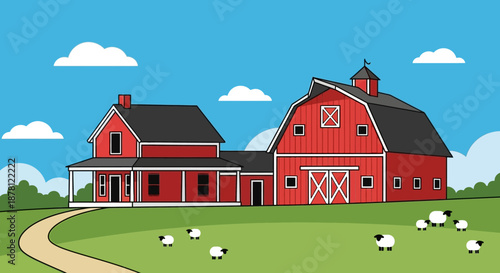 Cartoon Illustration of a Red Farmhouse and Barn with Sheep in a Green Field