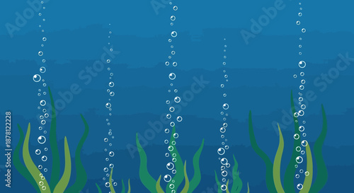 Underwater scene with rising bubbles and seaweed featuring marine environment elements with ocean