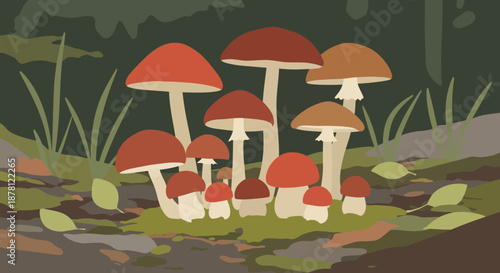 Illustration of vibrant mushrooms thriving in a forest glade enchanting natural scenery