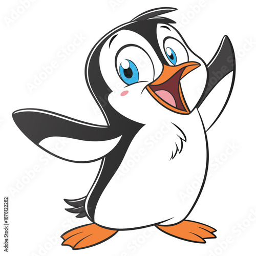 A cheerful cartoon penguin with outstretched wings and a happy expression looks directly at the viewer