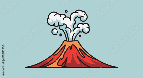 Cartoon illustration of an erupting volcano with smoke and lava on a blue background