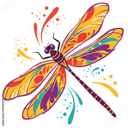 A vibrant and colorful illustration of a dragonfly with detailed wings and a patterned body is shown