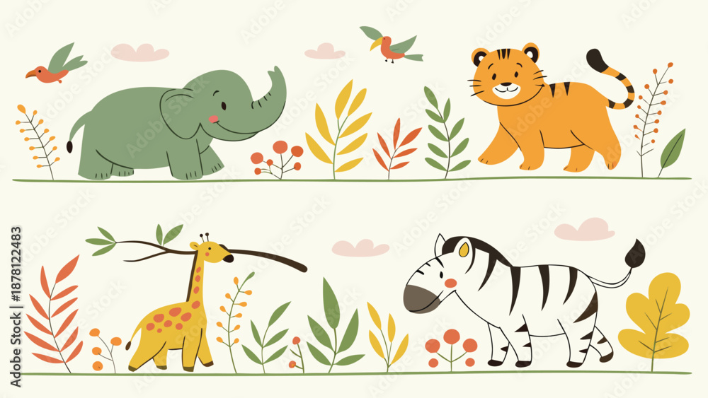Obraz premium Charming illustration featuring an elephant tiger giraffe zebra and birds amid colorful foliage and clouds