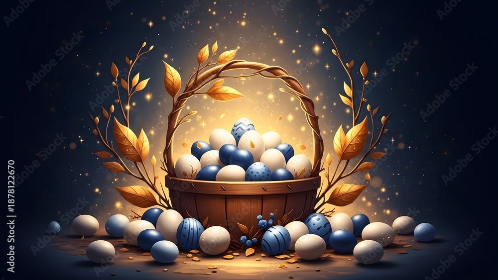 Fototapeta premium Basket filled with blue and white Easter eggs surrounded by golden leaves and sparkles