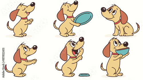 Cartoon depiction of playful beagle puppies interacting with a frisbee and bowl high quality professional detailed