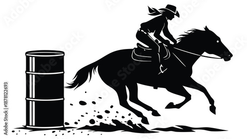 A silhouette of a cowgirl skillfully riding a horse around a barrel in a rodeo competition