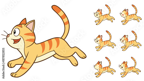 Animated orange tabby cats in various running poses depict playful movement and feline grace high quality