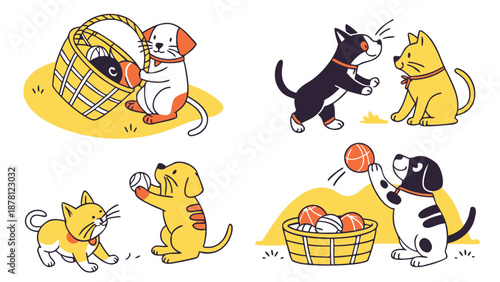 Cartoon illustration depicting playful cats and dogs interacting with baskets yarn and balls high quality professional