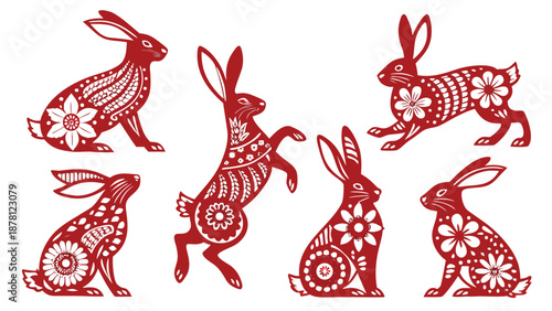 Intricate red paper cut designs showcase five rabbits decorated with floral patterns and embellishments high quality