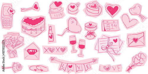 Set of hand drawn coquette elements for Valentines .hand drawn wedding bachelorette icon. Retro holiday romantic date collage design elements, Love stickers, cocktail champagne glass, 