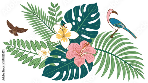 Tropical floral arrangement with colorful flowers and leaves featuring a pink flamingo and a brown bird in flight