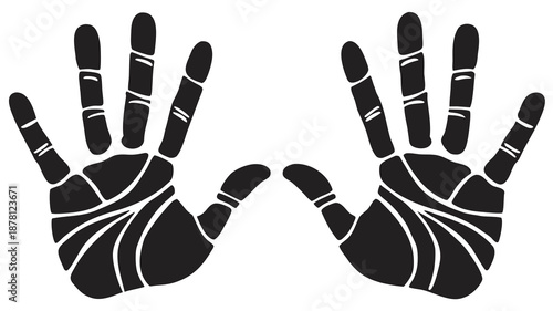 Two black hands with bold white lines depicting finger joints and palm creases are shown