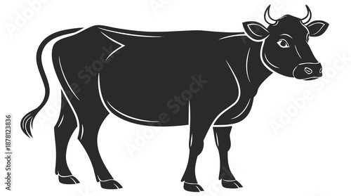 A striking black silhouette of a cow standing prominently showcasing its form and gentle features