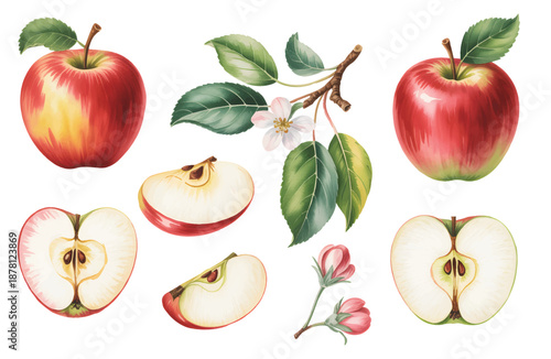 Fresh green apples with floral details. Watercolor illustration with  apple flowers, leaves and green apples branch. 