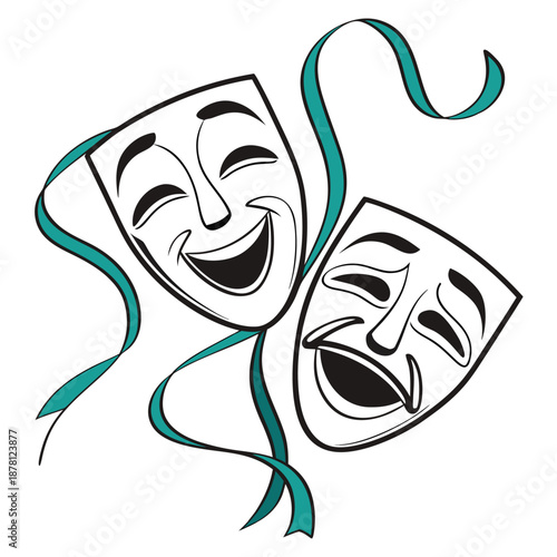 Two theatrical masks one smiling and one frowning are intertwined with a teal ribbon representing drama