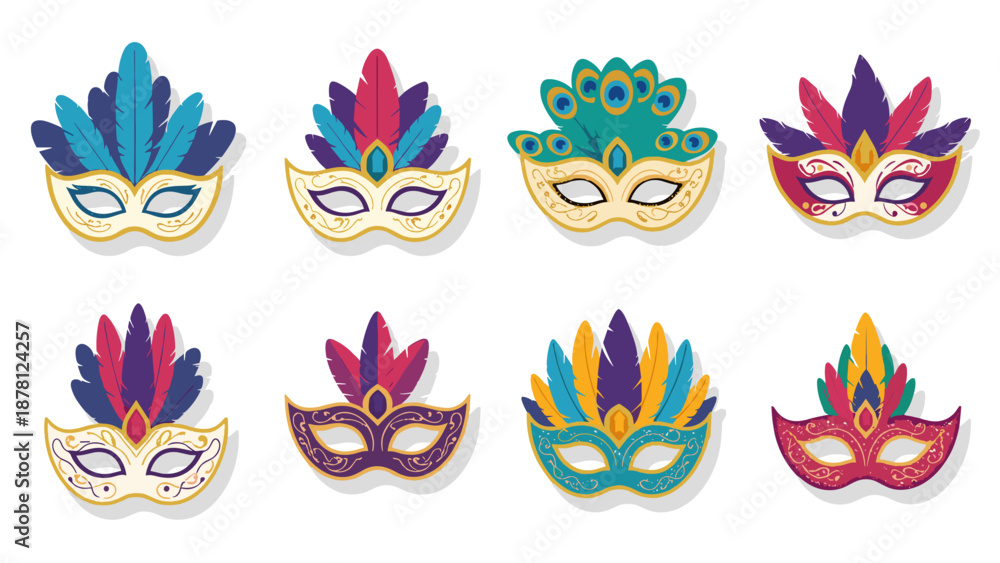 Obraz premium Collection of colorful carnival masks with feathers and intricate designs