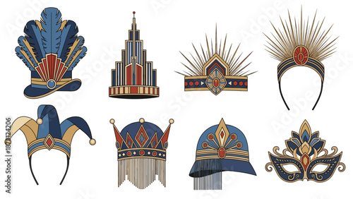 Collection of vintage theatrical headpieces and crowns for costumes