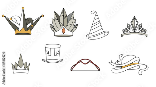 Collection of various crown and hat illustrations with different styles