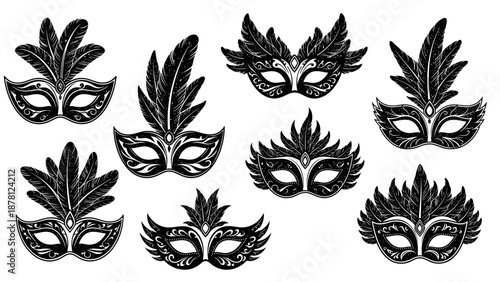 Set of decorative carnival masks with feathers and intricate designs