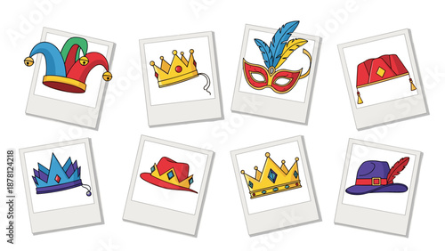 Collection of colorful carnival masks and crowns