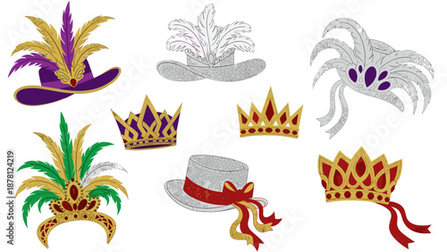 Set of colorful carnival masks with feathers and decorative details