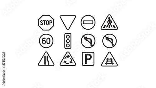 Comprehensive collection of black and white road signs including stop sign, yield, speed limit 60, no entry, railroad crossing, parking, and pedestrian safety icons for traffic management