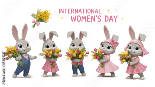 Cute bunny characters holding flowers for international womens day