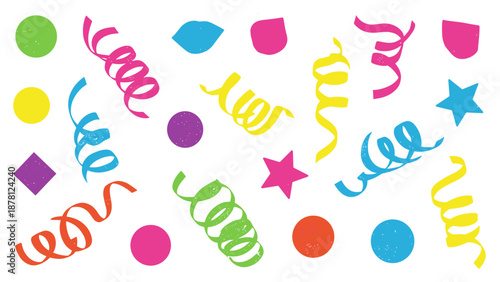 Colorful confetti with streamers and shapes for celebration or party