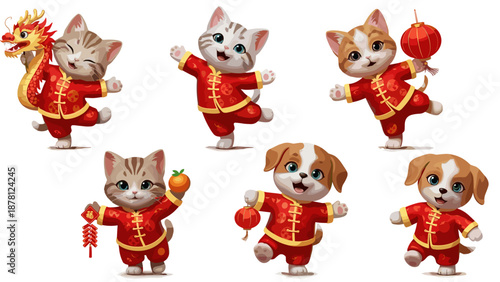 Cute kittens dressed in traditional chinese costumes celebrating chinese new year