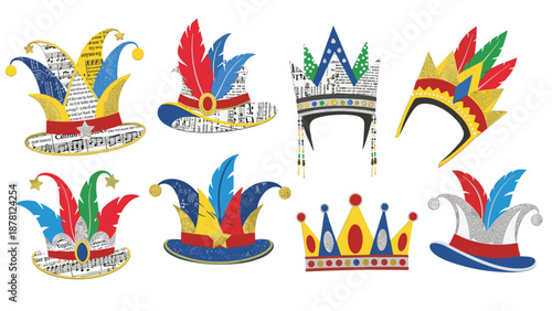Collection of colorful carnival masks and headdresses for celebration