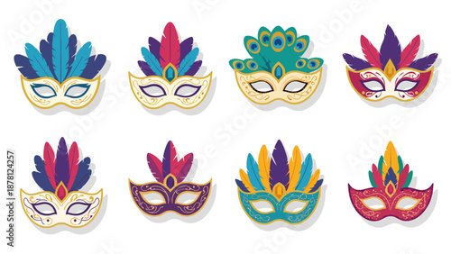 Collection of colorful carnival masks with feathers and intricate designs