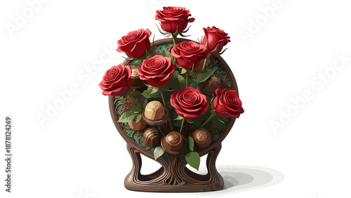 Elegant floral arrangement with red roses and decorative accents