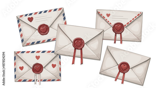 Collection of vintage envelopes with red wax seals and hearts