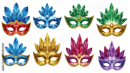 Set of colorful carnival masks with feathers and decorative details