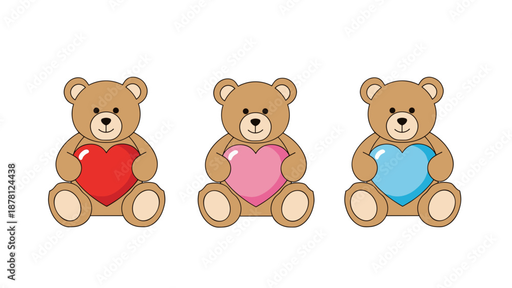 Obraz premium Cute teddy bears holding hearts in different colors