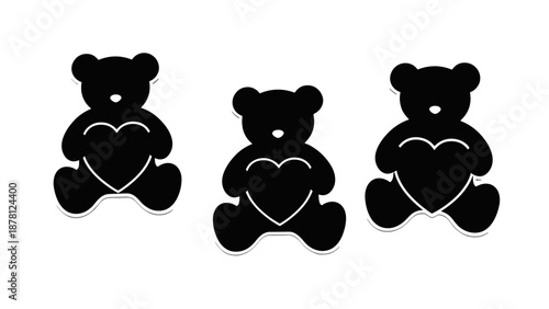 Three cute teddy bears holding hearts