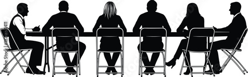 Business meeting silhouettes showing professional men and women sitting at conference table discussion teamwork collaboration corporate decision making office concept