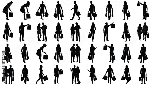 Shopping people silhouettes collection showing men and women carrying bags, retail consumer behavior, walking couples, isolated black vector style on white background