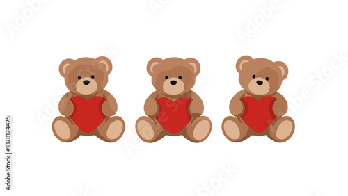 Three cute teddy bears sitting in a row with red overalls