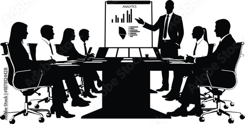 Business analytics presentation silhouette with professional team in boardroom meeting, corporate strategy, data analysis, and leadership concept illustration