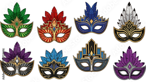 Collection of colorful mardi gras masks with intricate designs and feathers