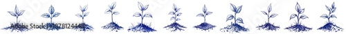 Set of Vintage sketch with pen and blue ink for Earth Day featuring seedlings in soil  