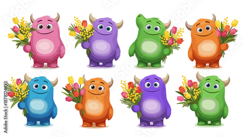 Colorful cartoon pig characters with flowers in various poses