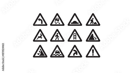 Comprehensive collection of triangular road safety warning signs including icons for sharp curves, slippery roads, pedestrian crossings, falling rocks, and construction zones for traffic control
