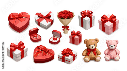 Collection of various gift boxes and plush teddy bears